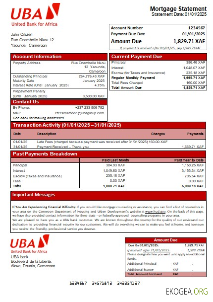 Cameroun UBA relevé hypothécaire de la banque scr